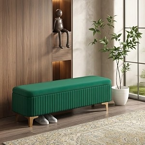 modern upholstered storage bench with gold metal legs  velvet cushion ottoman bench seat for bedroom living room amp entryway green