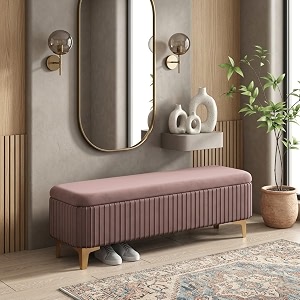 modern upholstered storage bench with gold metal legs  velvet cushion ottoman bench seat for bedroom living room amp entryway pink