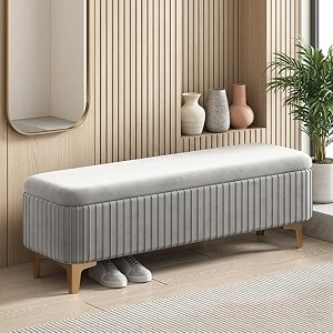 modern upholstered storage bench with gold metal legs  velvet cushion ottoman bench seat for bedroom living room amp entryway grey