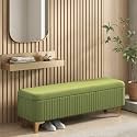 Modern Upholstered Storage Bench with Gold Metal Legs | Velvet Cushion Ottoman Bench Seat for Bedroom, Living Room & Entryway (Light Green)