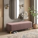 Modern Upholstered Storage Bench with Gold Metal Legs | Velvet Cushion Ottoman Bench Seat for Bedroom, Living Room & Entryway (Pink)