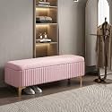 Modern Upholstered Storage Bench with Gold Metal Legs | Velvet Cushion Ottoman Bench Seat for Bedroom, Living Room & Entryway (Light Pink)