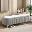 Modern Upholstered Storage Bench with Gold Metal Legs | Velvet Cushion Ottoman Bench Seat for Bedroom, Living Room &amp; Entryway (Grey)