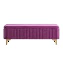 Modern Upholstered Storage Bench with Gold Metal Legs | Velvet Cushion Ottoman Bench Seat for Bedroom, Living Room & Entryway (Purple)