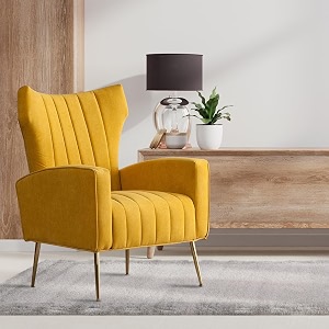 modern velvet wing chair for living room  wingback single seater lounge chair amp golden colour metal legs  premium upholstered armchair for bedroom amp office  luxury armchair yellow