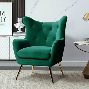 modern velvet wing chair for living room  wingback single seater lounge chair amp golden colour metal legs  premium upholstered armchair for bedroom amp office  luxury armchair green