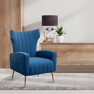 modern velvet wing chair for living room  wingback single seater lounge chair amp golden colour metal legs  premium upholstered armchair for bedroom amp office  luxury armchair blue
