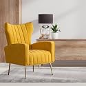 Modern Velvet Wing Chair for Living Room | Wingback Single Seater Lounge Chair &amp; Golden Colour Metal Legs | Premium Upholstered Armchair for Bedroom &amp; Office | Luxury Armchair, Yellow