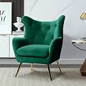 Modern Velvet Wing Chair for Living Room | Wingback Single Seater Lounge Chair & Golden Colour Metal Legs | Premium Upholstered Armchair for Bedroom & Office | Luxury Armchair, Green