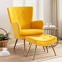Modern Velvet Wing Chair for Living Room | Arm Chairs with Ottoman/Footrest for Bedroom | Wingback Velvet Accent Chair with Pouffes | Comfortable Luxury Upholstered Armchair | Yellow
