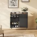 Modern Wine Bar Cabinet with Fluted Doors – Wine Rack & Glass Holders – Buffet Sideboard and Coffee Bar Storage for Dining Room, Living Room or Kitchen – Freestanding Home Bar Furniture – Black