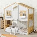 Modern Wood House Bunk Bed with Roof, Window, Window Box, Door, Safety Guardrails and Ladder,Twin Over Twin Bunk Bed for Kids Boys Girls (Natural+White)