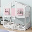Modern Wood House Bunk Bed with Roof, Window, Window Box, Door, Safety Guardrails and Ladder,Twin Over Twin Bunk Bed for Kids Boys Girls (Pink+White)