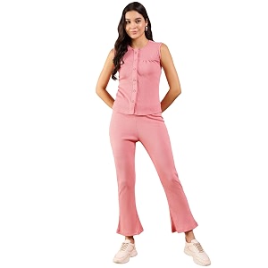 Modeve Women Top Pant Button Closure Solid