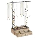 MODOWEY Metal Earring Holder Organizer Necklace Stand with Wood Drawer, Oak