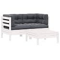 Modern Outdoor Lounge Set of 3 with White and Anthracite Finish, Two Corner Sofas and Footstool Table, Durable Solid Pine Wood Furniture for Patio and Garden, Comfortable