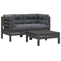 3-Piece Grey Garden Lounge Set with Corner Sofa and Footstool, Modular Outdoor Furniture for Patio Balcony Conservatory, Solid Pinewood Frame and Polyester Cushions,