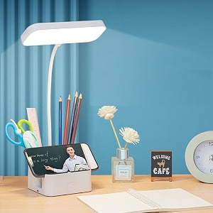plastic led desk lamp rechargeable studylamp with pen and phone holder touch tablelamp with usb charging 3 color modes with eye care flexible gooseneck readinglamp white
