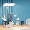 Plastic Led Desk Lamp, Rechargeable StudyLamp with Pen and Phone Holder, Touch TableLamp with USB Charging, 3 Color Modes with Eye Care, Flexible Gooseneck, ReadingLamp, White