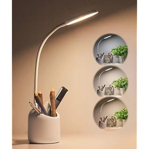 plastic led desk lamp rechargeable studylamp with pen and phone holder touch tablelamp with usb charging 3 color modes with eye care flexible gooseneck readinglamp white