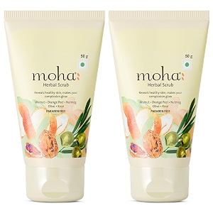 moha walnut face scrub with walnut powder amp aloe vera  gentle exfoliating scrub for glowing skin amp smooth texture  dual-action polish for deep cleansing amp pore purifying  face scrub for men amp women for radiant refreshed skin - 50gm pack of 2