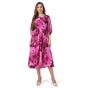 MOJILAA Womens Georgette Floral Printed Gathered Dress