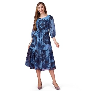 MOJILAA Womens Georgette Floral Printed Gathered Dress