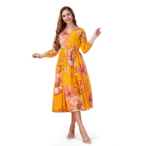 MOJILAA Womens Georgette Floral Printed Gathered Dress
