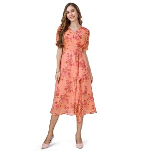 MOJILAA Womens Orange Georgette Draped Floral Printed