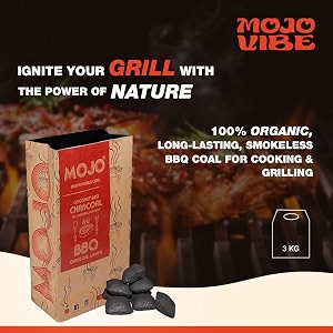mojo coconut shell charcoal briquette coal for barbeque grill  as seen on shark tank india  100 organic eco-friendly smokeless bbq coal fire starter cubes 8kg