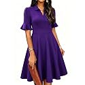 Mokayee Womens Summer Ruffle Sleeve Collared V Neck Fit and Flare Elegant A line Swing Dresses with Pockets
