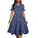 Mokayee Womens Summer Ruffle Sleeve Collared V Neck Fit and Flare Elegant A line Swing Dresses with Pockets