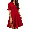 Mokayee Womens Summer Ruffle Sleeve Collared V Neck Fit and Flare Elegant A line Swing Dresses with Pockets
