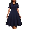 Mokayee Womens Summer Ruffle Sleeve Collared V Neck Fit and Flare Elegant A line Swing Dresses with Pockets