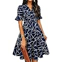 Mokayee Womens Summer Ruffle Sleeve Collared V Neck Fit and Flare Elegant A line Swing Dresses with Pockets