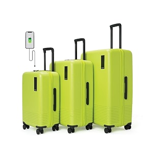 mokobara the set of polycarbonate hardsided luggage  8 wheel trolley bag with usb charging socket cabin only travel suitcase for men amp women the set of 3 happy green