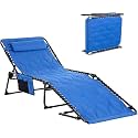 Reclining Sun Padded Folding Lounger Portable Camping Bed for Adults Folding Camping Cot Patio Chaise Lounge Chair 5 Position Adjustable Support 350 lbs with Pillow &amp; Side Pocket (MO-03)