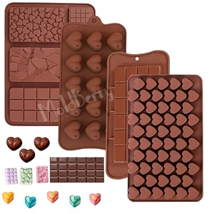 moldberry silicone chocolate mould combo pack of 4  9 cavity chocolate bar 15 heart mold 55 mini heart mold amp kunafa chocolate bar mould  reusable non-stick baking amp candy making molds