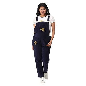 the mom store maternity corduroy dungaree  loose fit for growing belly  pre and post pregnancy  side buttons  adjustable shoulder straps  jeans  color - navy blue floral  s