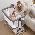MOMFANN Baby Bassinet, Bedside Sleeper for Newborns Convertible Co-Sleeper Crib with Breathable Mesh, 6-Level Height Adjustment, Built-in Storage, Foldable Portable Bassinet for Home or Travel, Gray