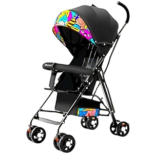 premium baby stroller lightweight foldable travel stroller for kids 6 months to 4 years  360  shock-absorbing wheels uv protection canopy bottle holder storage basket black cartoon