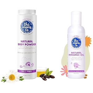 the moms co talc-free natural baby powder with corn starch 200g white amp the moms co natural baby massage oil with 10 oils 100ml
