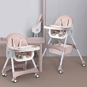 monbb toddler dining chair with wheels folding baby feeding chair with 5-point harness adjustable double tray for 6 months to 6 years 804 pink