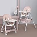 MonBébé Toddler Dining Chair with Wheels, Folding Baby Feeding Chair with 5-Point Harness Adjustable Double Tray for 6 Months to 6 Years (804 Pink)