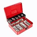 Money Box with Combination Lock, Metal Cash Box with Money Tray, Cash Register,5 Compartments Cantilever Tray & 4 Spring-Loaded Clips for Bills,11.81"x 9.45"x 3.54" Red