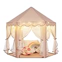 Monobeach Princess Play Tent for Girls: Brown Large Kids Castle Playhouse with Mesh Curtains &amp; Star Lights - Indoor Outdoor Pretend Play Toys Tent - Cozy Reading Nook Gift for Toddlers &amp; Kids