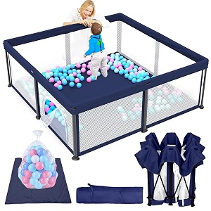 monstech large baby playpen 150x180cm pit balls playpen for baby up to 5 years with anti-fall rings safety lock breathable mesh kids activity center play pen 120  120-blue-f