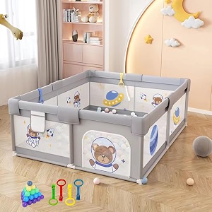 monstech large baby playpen 150x180cm pit balls playpen for baby up to 5 years with anti-fall rings safety lock breathable mesh kids activity center play pen