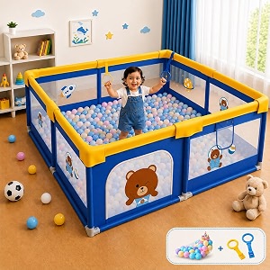 monstech large baby playpen 150x180cm pit balls playpen for baby up to 5 years with anti-fall rings safety lock breathable mesh kids activity center play pen 180  150-blue