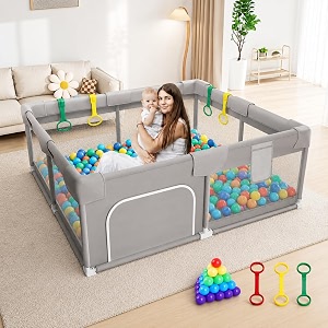 monstech large baby playpen 150x180cm pit balls playpen for baby up to 5 years with anti-fall rings safety lock breathable mesh kids activity center play pen 180  150-darkgrey